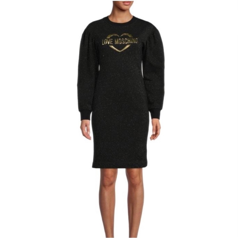 Love Moschino Long Sleeve Logo Glitter Puff Sleeve Mini Dress New